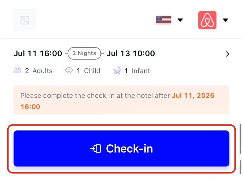 Check-in page from 16:00 on arrival day, with the Check-in button