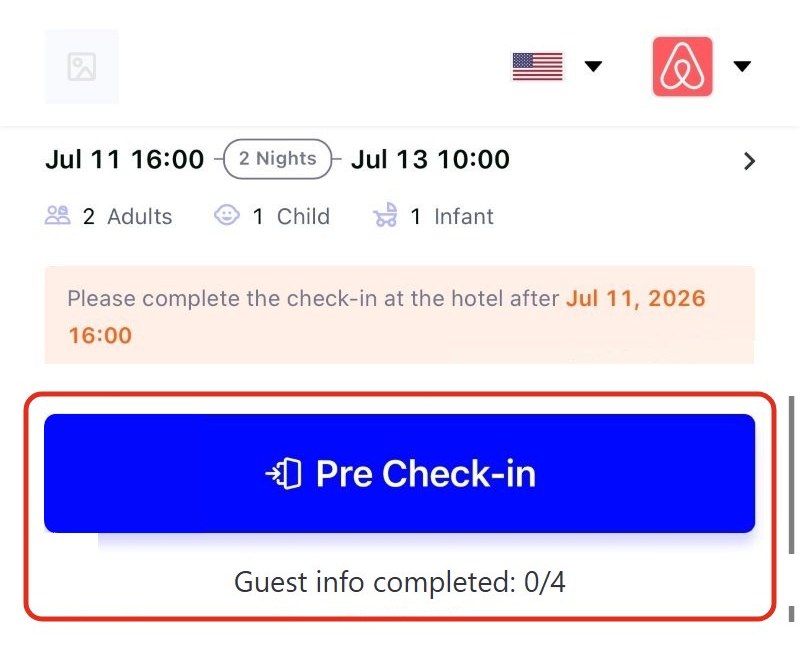 Check-in page before arrival day, with the blue Pre Check-in button